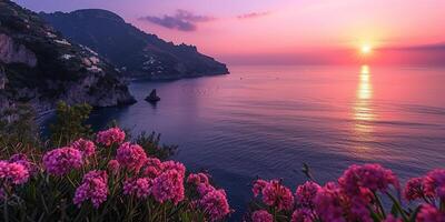 ai généré amalfi côte littoral dans sorrentin péninsule, Campanie région, Italie. vacances destination littoral avec collines, des plages, et falaises, mer voir, le coucher du soleil d'or heure fond d'écran photo