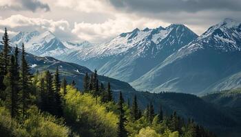 ai généré neigeux montagnes de Alaska, paysage avec les forêts, vallées, et rivières dans jour. Stupéfiant la nature composition Contexte fond d'écran, Voyage destination, aventure en plein air photo