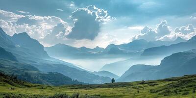 ai généré Suisse Alpes Montagne intervalle avec luxuriant forêt vallées et prairies, campagne dans Suisse paysage. neigeux Montagne hauts dans le horizon, Voyage destination fond d'écran Contexte photo