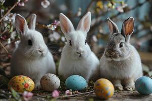 ai généré Trois mignonne duveteux lapins séance parmi Pâques des œufs et printemps fleurs salutation carte style photo