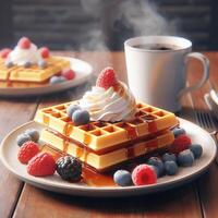 ai généré gaufre décoré avec fruit pièces et crème photo