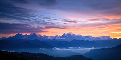 ai généré Suisse Alpes neigeux Montagne intervalle avec vallées et prairies, campagne dans Suisse paysage. d'or heure majestueux ardent le coucher du soleil ciel, Voyage destination fond d'écran Contexte photo