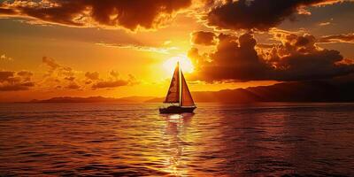ai généré une noir bateau silhouette voile dans le mer paysage marin. violet, rose, et Orange ardent d'or heure le coucher du soleil soir ciel dans le horizon. océan, calme des eaux fond d'écran Contexte photo