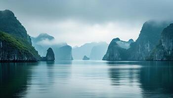 ai généré Ha longue baie, halong baie monde patrimoine placer, calcaire îles, émeraude des eaux avec bateaux dans province, vietnam. Voyage destination, Naturel merveille paysage Contexte fond d'écran photo