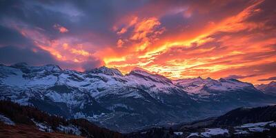 ai généré Suisse Alpes neigeux Montagne intervalle avec vallées et prairies, campagne dans Suisse paysage. d'or heure majestueux ardent le coucher du soleil ciel, Voyage destination fond d'écran Contexte photo