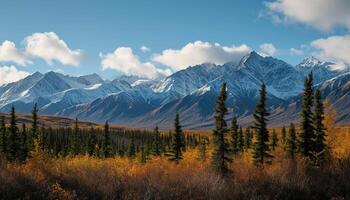 ai généré neigeux montagnes de Alaska, paysage avec les forêts, vallées, et rivières dans jour. Stupéfiant la nature composition Contexte fond d'écran, Voyage destination, aventure en plein air photo