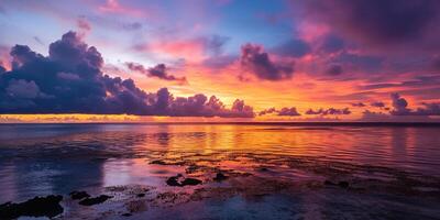 ai généré calme mer le coucher du soleil paysage. violet, rose, Orange ardent d'or heure soir ciel dans le horizon. pleine conscience, méditation, calme, sérénité, relaxation concept fond d'écran Contexte photo