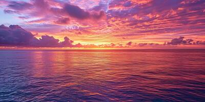 ai généré calme mer le coucher du soleil paysage. violet, rose, Orange ardent d'or heure soir ciel dans le horizon. pleine conscience, méditation, calme, sérénité, relaxation concept fond d'écran Contexte photo