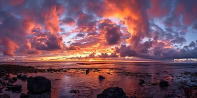 ai généré calme mer le coucher du soleil paysage. violet, rose, Orange ardent d'or heure soir ciel dans le horizon. pleine conscience, méditation, calme, sérénité, relaxation concept fond d'écran Contexte photo