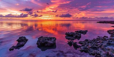 ai généré génial barrière récif sur le côte de Queensland, Australie rocheux plage paysage marin. rochers et cailloux, violet et Orange d'or heure le coucher du soleil soir ciel horizon mer fond d'écran Contexte photo