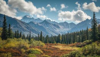 ai généré neigeux montagnes de Alaska, paysage avec les forêts, vallées, et rivières dans jour. Stupéfiant la nature composition Contexte fond d'écran, Voyage destination, aventure en plein air photo