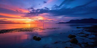 ai généré calme mer le coucher du soleil paysage. violet, rose, Orange ardent d'or heure soir ciel dans le horizon. pleine conscience, méditation, calme, sérénité, relaxation concept fond d'écran Contexte photo