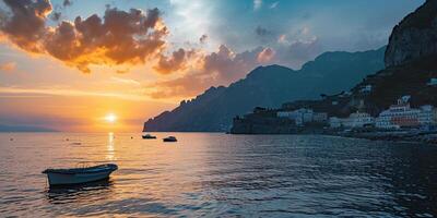 ai généré amalfi côte littoral dans sorrentin péninsule, Campanie région, Italie. vacances destination littoral avec collines, des plages, et falaises, mer voir, le coucher du soleil d'or heure fond d'écran photo