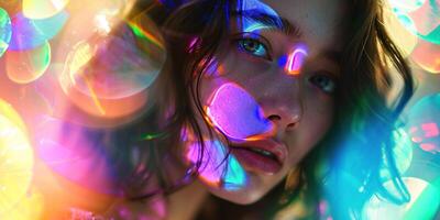 ai généré Jeune femme modèle dans leur Années 20 posant dans une prisme coloré verre arc en ciel spectre brillant Couleur éclairage. Naturel beauté, jeunesse, visage peau se soucier, mode et maquillage concept Contexte photo