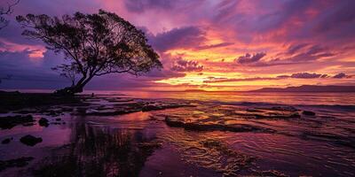 ai généré une silhouette de une arbre sur un île plage le coucher du soleil paysage. d'or heure soir ciel dans le horizon. pleine conscience, méditation, calme, sérénité, relaxation concept Contexte photo