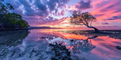 ai généré une silhouette de une arbre sur un île plage le coucher du soleil paysage. d'or heure soir ciel dans le horizon. pleine conscience, méditation, calme, sérénité, relaxation concept Contexte photo