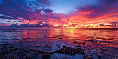 ai généré calme mer le coucher du soleil paysage. violet, rose, Orange ardent d'or heure soir ciel dans le horizon. pleine conscience, méditation, calme, sérénité, relaxation concept fond d'écran Contexte photo