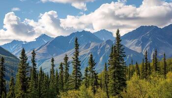 ai généré neigeux montagnes de Alaska, paysage avec les forêts, vallées, et rivières dans jour. Stupéfiant la nature composition Contexte fond d'écran, Voyage destination, aventure en plein air photo