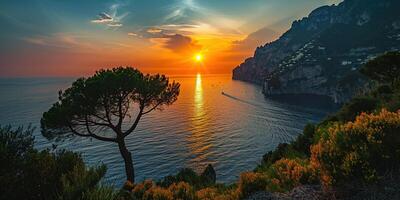 ai généré amalfi côte littoral dans sorrentin péninsule, Campanie région, Italie. vacances destination littoral avec collines, des plages, et falaises, mer voir, le coucher du soleil d'or heure fond d'écran photo