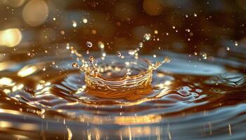 ai généré fermer de une l'eau laissez tomber éclaboussure dans dans une étang pendant d'or heure le coucher du soleil. macro tir, Orange et Jaune tons, rafraîchissant magnifique nature, surface tension, ondulations photo