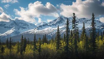 ai généré neigeux montagnes de Alaska, paysage avec les forêts, vallées, et rivières dans jour. serein région sauvage la nature composition Contexte fond d'écran, Voyage destination, aventure en plein air photo