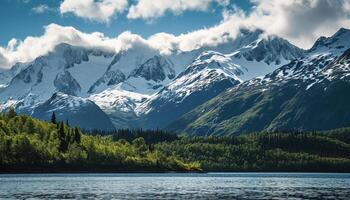 ai généré neigeux montagnes de Alaska, paysage avec les forêts, vallées, et rivières dans jour. Stupéfiant la nature composition Contexte fond d'écran, Voyage destination, aventure en plein air photo