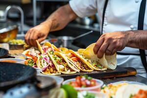 ai généré une qualifié chef assemblage gourmet mexicain tacos dans une moderne cuisine photo