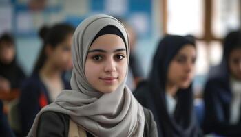 une Jeune musulman femme dans une hijab dans une salle de cours photo