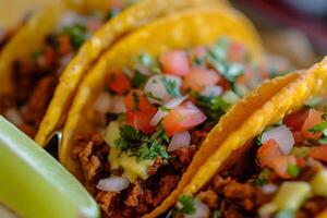 ai généré une proche en haut de taco avec sélectif concentrer sur le textures et couleurs de le Ingrédients photo