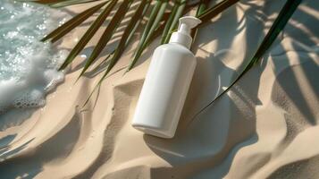 ai généré Vide blanc bouteille cosmétique soin de la peau maquillage conteneurs pour produit présentation sur blanc le sable plage photo