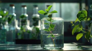 ai généré plante recherche, vert plante dans une verre pot dans une laboratoire. écologique reproduction et plante développement. photo