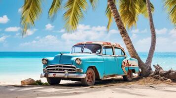 ai généré bleu vieux voiture garé sur une tropical plage photo