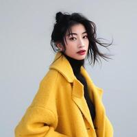 ai généré une femme dans une Jaune manteau posant pour une image photo