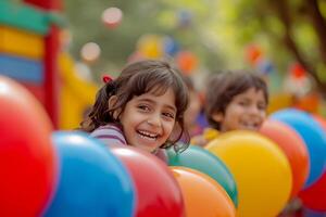 pur joie et innocence de les enfants en jouant dans une coloré terrain de jeux photo