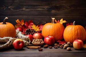 ai généré l'automne tomber cuisson Contexte avec citrouilles, pommes, des noisettes, nourriture Ingrédients et saisonnier épices, bannière. cuisine citrouille ou Pomme tarte et biscuits pour action de grâces et l'automne vacances. photo