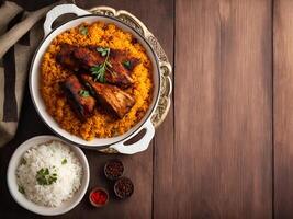 ai généré arabe kebuli Briyani riz avec agneau rencontrer sur en bois table photo