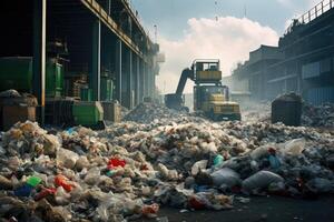 ai généré recyclage centre avec Plastique des ordures piles prêt à recycler photo