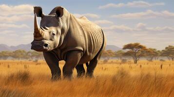 ai généré blanc rhinocéros pâturage dans une herbe champ. photo