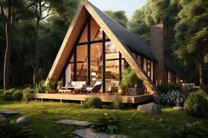 ai généré éco en bois petit maison près forêt, durable architecture photo