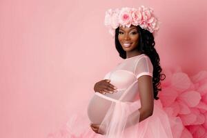 ai généré studio photo portrait de magnifique foncé peau africain américain Enceinte femme sur Couleur Contexte