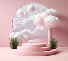 ai généré rose pièce avec une rond miroir et des nuages photo