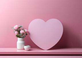 ai généré Valentin cœur forme en bois Cadre avec rose fleurs et vase sur rose Contexte photo
