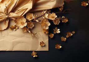 ai généré d'or cadeau enveloppé avec fleurs sur noir Contexte photo