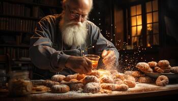 ai généré Sénior homme cuisson biscuits dans fait maison cuisine atelier généré par ai photo