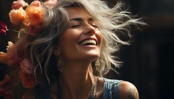 ai généré souriant Jeune femme profiter la nature magnifique portrait généré par ai photo