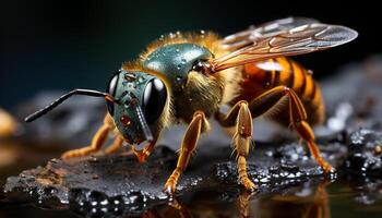 ai généré proche en haut de une petit Jaune abeille en volant généré par ai photo