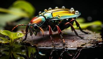 ai généré petit charançon sur vert feuille dans le forêt généré par ai photo