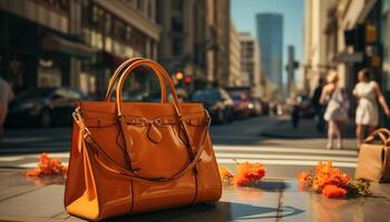 ai généré à la mode femmes en marchant dans le ville avec Sacs généré par ai photo