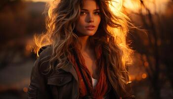 ai généré Jeune femme avec longue marron cheveux souriant en plein air généré par ai photo