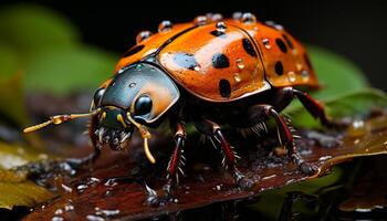 ai généré petit vert insecte rampant sur humide feuille généré par ai photo